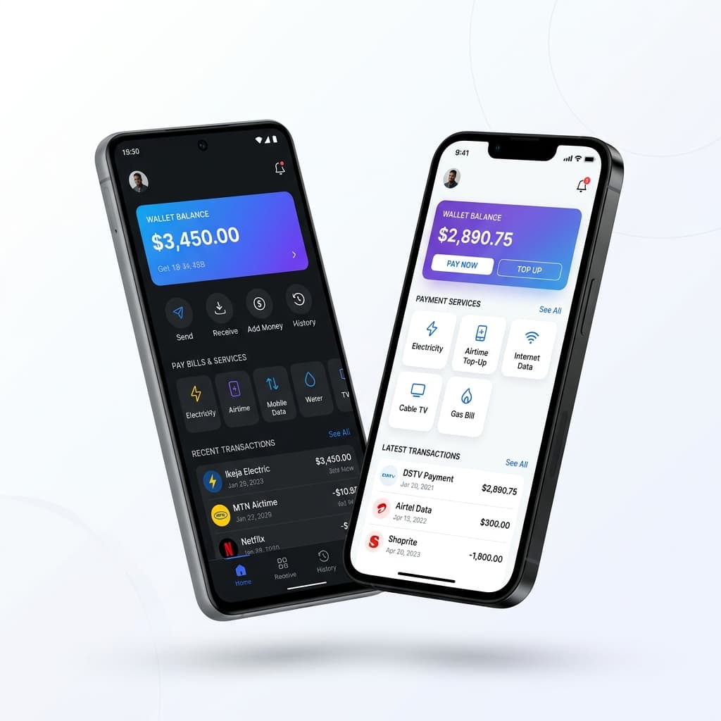 Android and iPhone displaying bill payment and wallet app interfaces built with AlisBuild